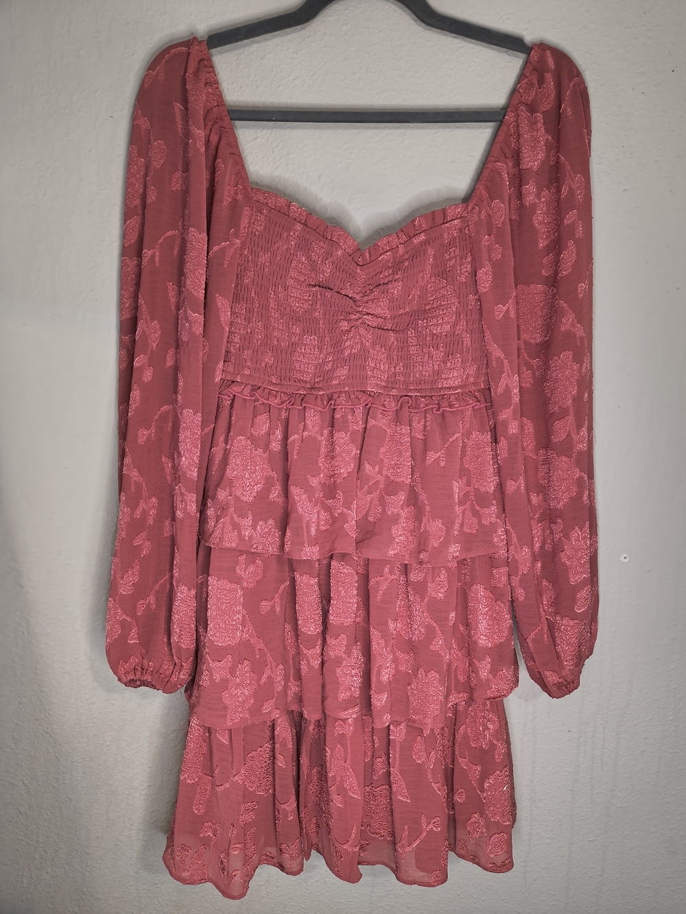NWOT Francesca's Pink Floral Jacquard Smocked Mini Dress Small Cottagecore Boho